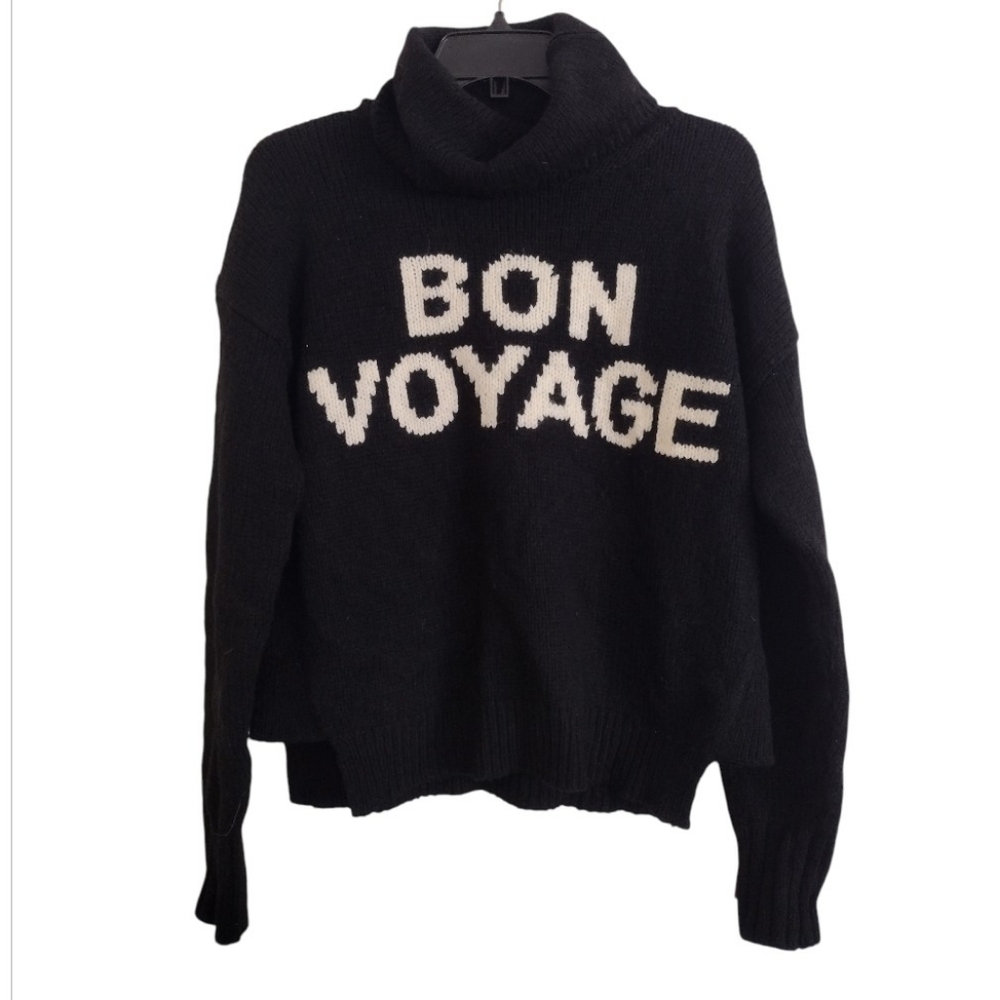 Madewell Wool Alpaca Blend Black Turtleneck Sweater 'Bon Voyage' Text Size Small